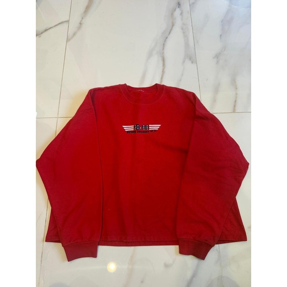 9-11 Strong Because of It Red Embroidered Crewneck Sweatshirt Patriotic XL